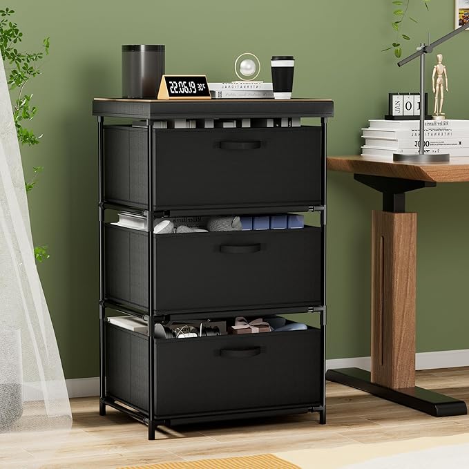 Dresser with 3 Fabric Drawer Stand Desktop Sturdy Metal Plastic Support Tube Cube Storage Cabinet for Bedroom Organization Dorm Front Hall Entryway