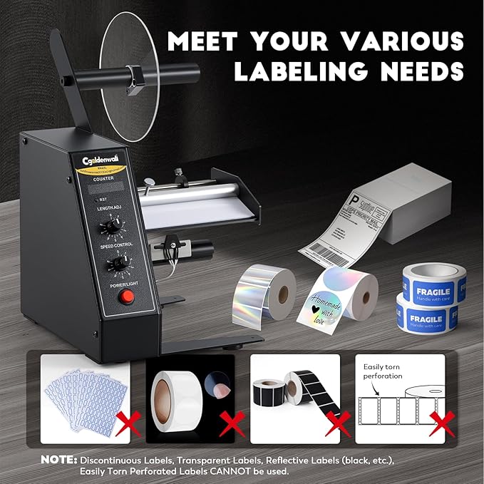 CGOLDENWALL Upgraded Automatic Label Dispenser, Up to 9 Multi-Row Counting, High Precision Auto Sensing, Speed Adjustable, Length 0.12-5.9" Width 0.16-5.5", Sticker Dispenser for Rolls Various Labels