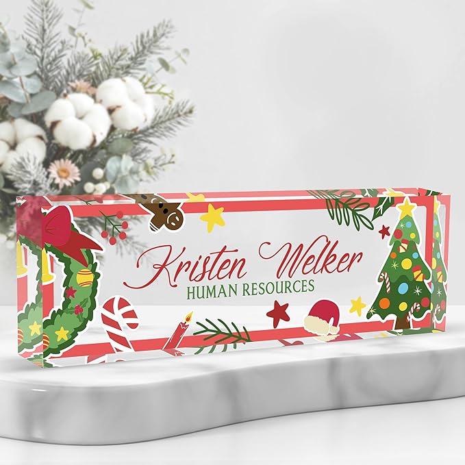 Personalized Name Plate for Desk Custom Acrylic Desk Name Plate Custom Employee Appreciation Gifts Office Gifts for Women, Men, Boss, Coworkers, Teacher, Nurse (Christmas)