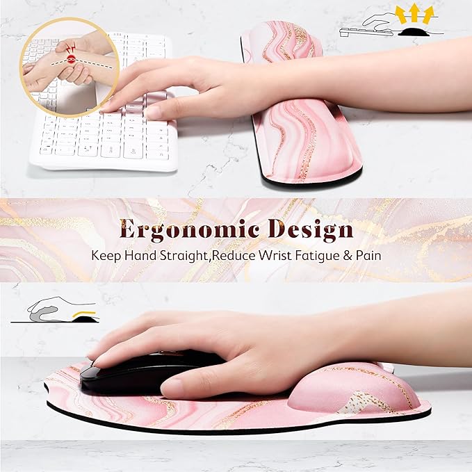 Gimars Ergonomic Mouse Pad Wrist Support, Upgrade Enlarge Superfine Fibre Soft Smooth Keyboard Wrist Rest, Comfortable Memory Foam Wrist Rest for Pain Relief, Computer, Gaming, Office, Pink Golden