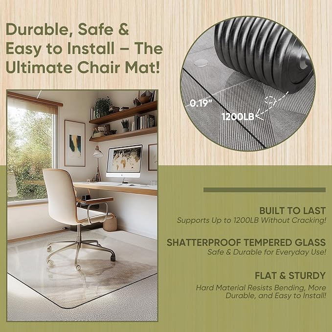 Furnbar Office Chair Mat for Carpet & Hardwood, Upgraded 45" x 45" Tempered Glass Chair Mat for Office Home, with 4 Anti-Slip Pads