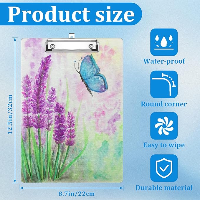 Watercolor Blue Butterfly Lavender Flower Clipboard Decorative Clip Board with Metal Clip A4 Standard Size 12.5" X 8.7" for Teacher Students Nurses Office