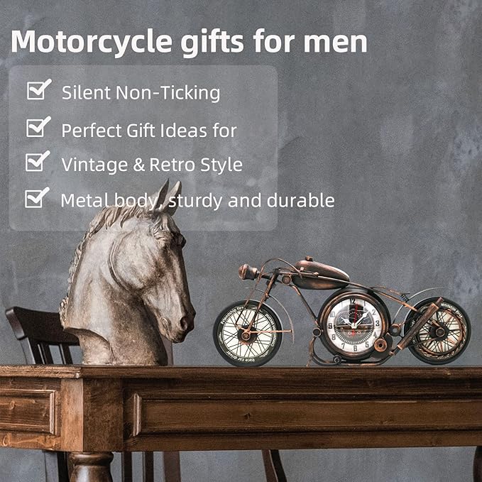 YOUKI Metal Motorcycle Art Wall Decor Desk Shelf Clocks Non Ticking Battery Operated Home Decorative Gift Idea,Wall Decorations for Bedroom Office 16.6 x 1.5X 7.9 Inches,Bronze