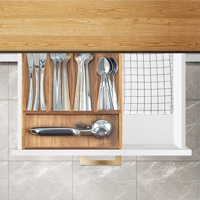 Acacia Wood Silverware Organizer, Kitchen Utensil Drawer Organizer for Forks, Knives & Spoons, 5-Compartment Cutlery Tray, Flatware Holder