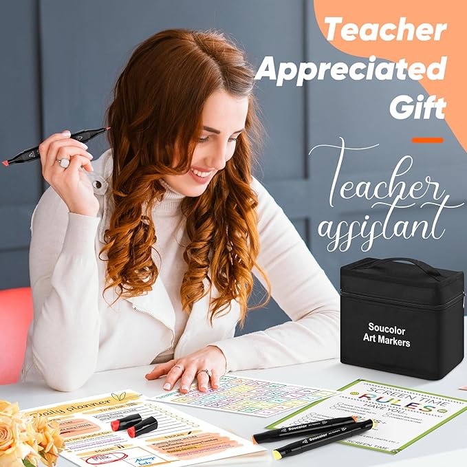 Soucolor Alcohol Markers Set, 60 Colors Dual Tip Art Alcohol Markers for Adults Coloring Drawing Sketching Book Painting Card Making Illustration