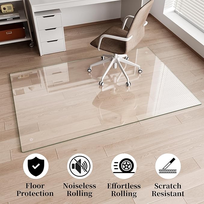 FlyEcho Glass Chair Mat 36" x 46" Heavy Duty Tempered Glass Mat, Office Glass Floor Mat with Round Corner and Polished Edge for Smooth Glide, Carpet Hardwood Floor Protector