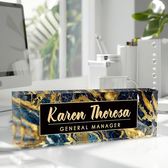 Custom Office Name Plate, Personalized Gifts for Men, Appreciation Gifts for Employees - Office Desk Accessory (Black Gold Marble)