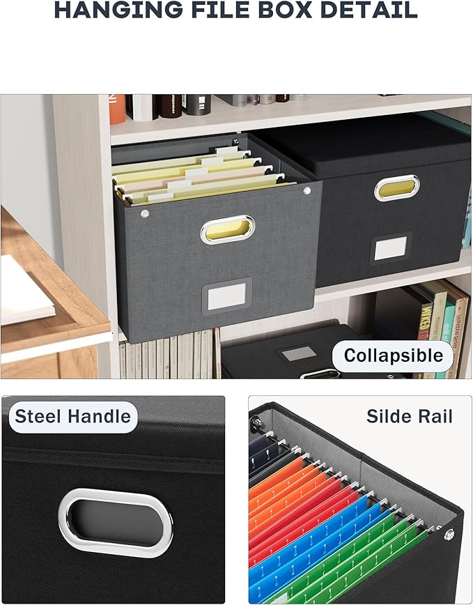 2 Pack File Organizer Box with Lid, Large Hanging Filing Box with Mesh Pocket, Document Organizer for Letter Files, Portable Storage Case for Office&Home (Black)