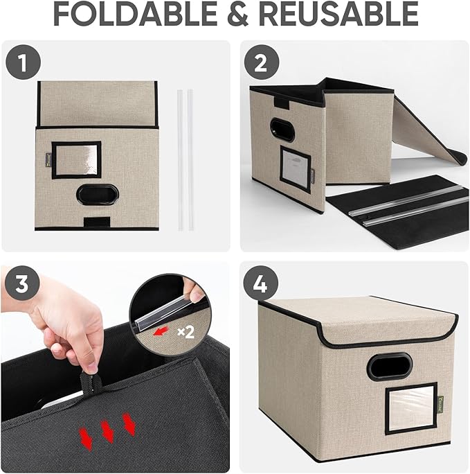 BALEINE File Organizer Box with Lid, Collapsible File Folder Organizer with Plastic Slide, Hanging File Folder Box for Office Document Storage (1 Pack, Beige)