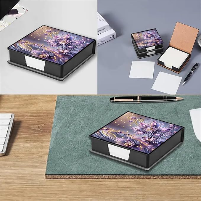 Flower Diamond Painting Note Box Memo Pad Holder, Diamond Art Sticky Notes Organizer for Desk, Aesthetic Stationery Storage Case for Office,School Supplies (Flower)