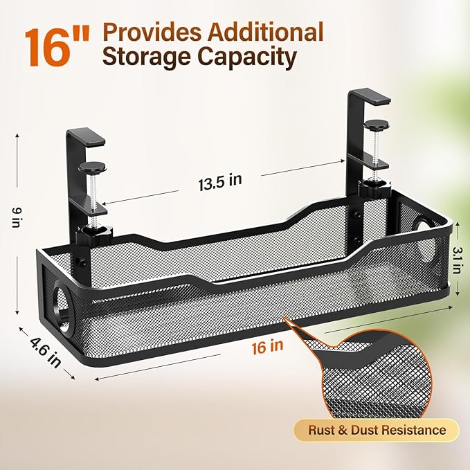 [Upgraded] Under Desk Cable Management Large, Cinati 16" Cable Management Box for Table Thickness up to 3", Wire Cord Organizer with Clamp No Drill, No Damage to Desk(Black)