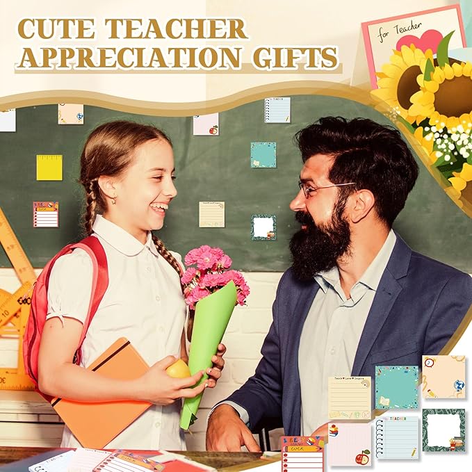 9 Pads Teacher Sticky Notes 3x3 Inch Cute Self Stick Notepads Notes Adhesive Memo Pad Office Decor Gifts for Students School Teacher Meeting Office Supplies