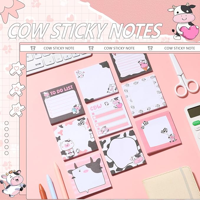 9 Pads Cow Sticky Notes 3x3 Inch Cute Self Stick Notepads Notes Adhesive Memo Pad Office Decor Gifts for Students School Teacher Meeting Office Supplies