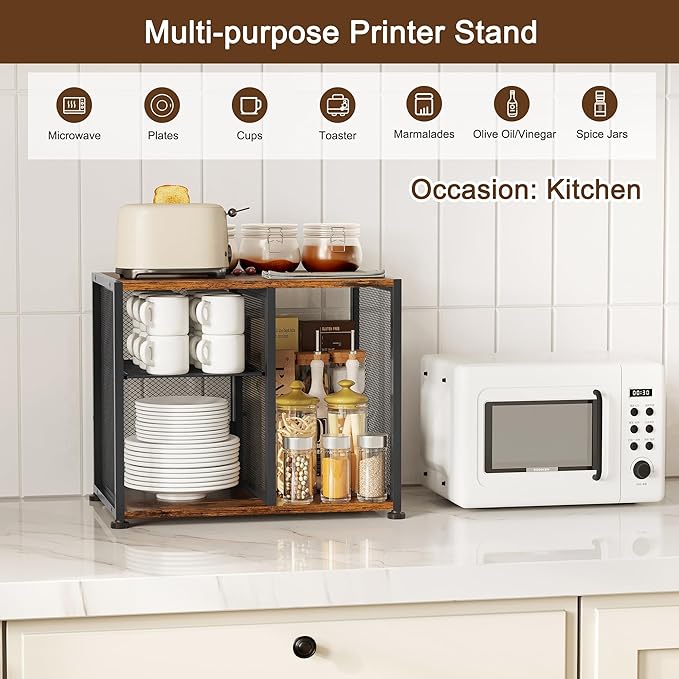 Under Desk Printer Stand - 3 Tier Rolling Printer Cart with Adjustable Shelves & Lockable Wheels, Heavy-Duty Standing Desk Storage Rack for Home, Office, Rustic Brown