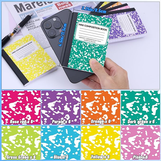 UZLU 48 Pack Mini Composition Notebooks Bulk, Cute Composition Books, Narrow Ruled Small Pocket Notebook for Students College Office, Pocket Sized Marble Journal, 8 Colors 4.5" x 3.25", 60 Sheets
