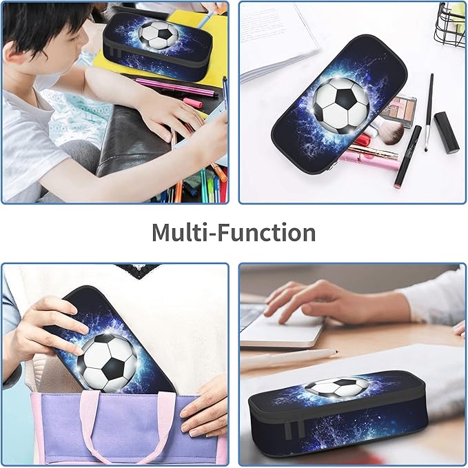 Boys Pencil Pouch with Soccer Ball, Sports Pencil Case Pencil Box for Kids, Big Capacity Black Blue Pencil Holder Pen Bag Storage Organizer Stationery Bag with Zippers