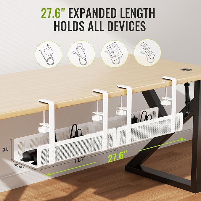 [Upgraded] 2 Pack Cable Management Under Desk Tray, Xpatee 27.6" No Drill Open Slots Cable Management Tray, Cord Wire Organizer Box with Clamp for Table Thickness up to 3" - No Desk Damage(White)