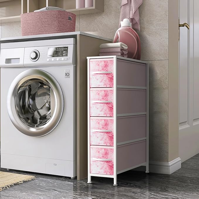 Sorbus Kids Narrow Dresser with 4 Drawers - Vertical Slim Storage Chest of Drawers with Steel Frame, Wood Top & Easy Pull Fabric Bins for Small Spaces, Closets, Bedroom, Bathroom & Laundry