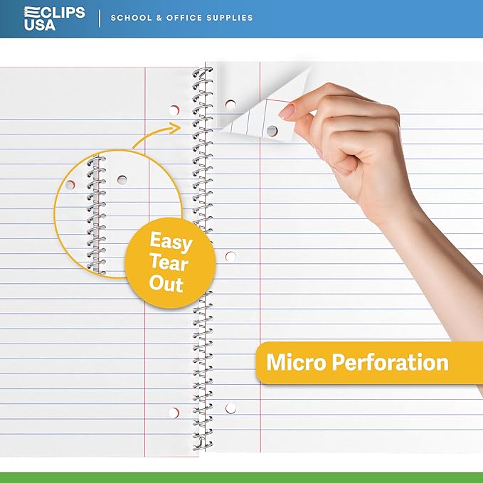 E-CLIPS USA Spiral Notebook, Wide Ruled Notebooks (12 Pack), 70 Sheets, Single Subject, Notebooks Bulk, 6 Color Assortment, 3 Hole Perforated Sheets (12, Wide Ruled)