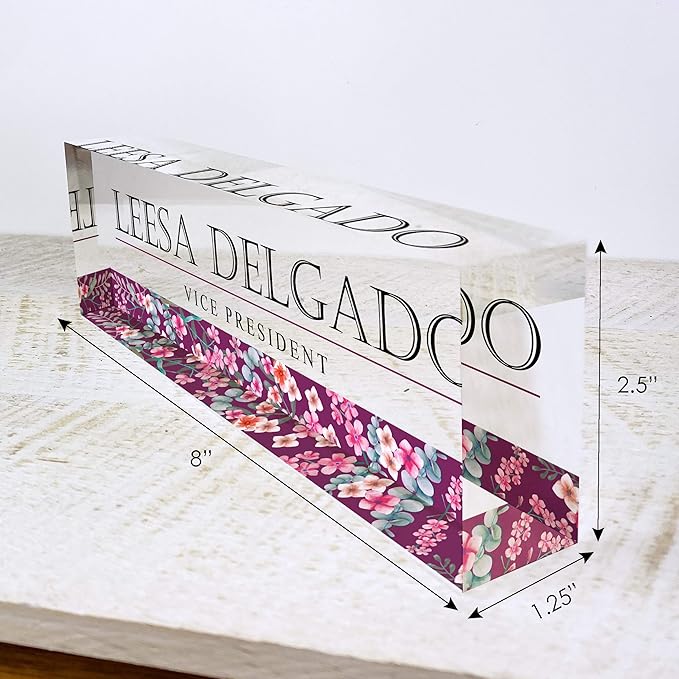 Artblox Personalized Name Plate for Desk | Wild Flowers Design On Clear Acrylic Glass | Custom Desk Name Plate Personalized with Your Name and Credentials for Teacher Phd Military Office Name Plate