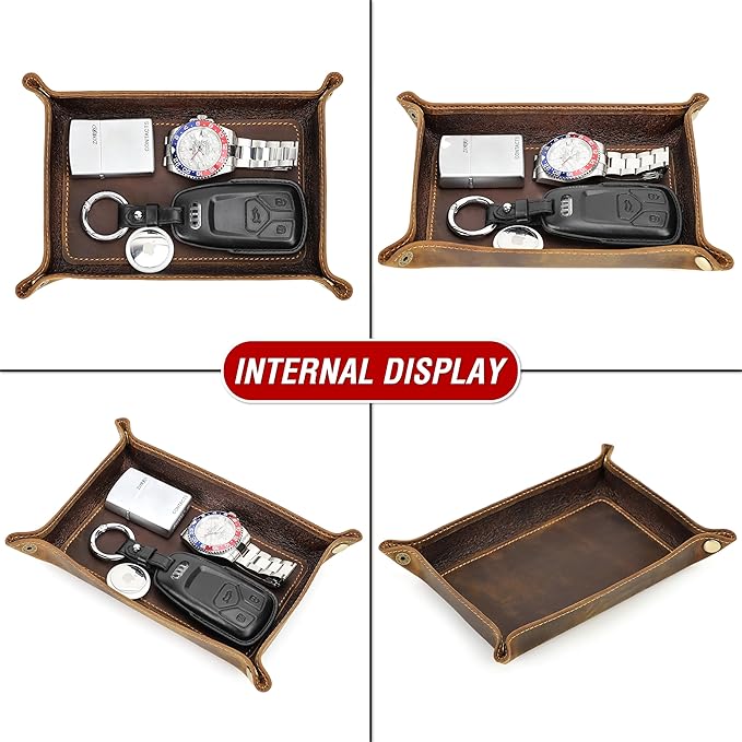 Top Grain Leather Desk Valet Tray Organizer for Man & Woman, Handmade Vintage Design, Foldable Design with Snap Buttons, Desk Organizer for Wallets/Watches/Keys/Coins/Office Supplies, Coffee, Medium