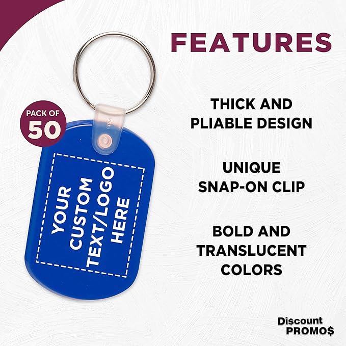 DISCOUNT PROMOS Tag Soft Plastic Keychains - 50 pack - Customizable Text, Logo - Small Key Tag Chain For Staying Organized - Rubber Key Ring Keychain – Blue