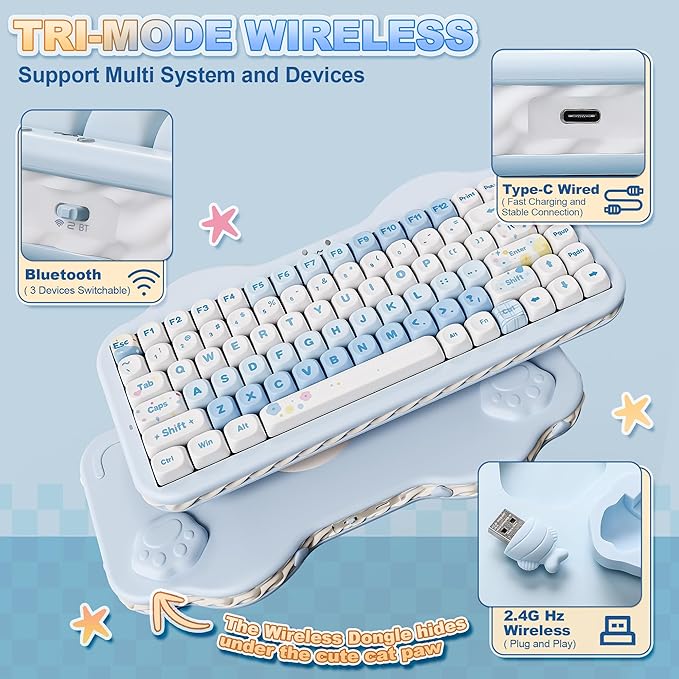 YUNZII C75 Wireless Mechanical Keyboard,75% Layout, Hot-Swappable NKRO,BT5.0/2.4G/USB-C Mode,Dye-Sub PBT MOA Keycaps,RGB Gasket Mount,Cute Cake Design for Mac/Win/Gaming (Blue, Candy Switch)