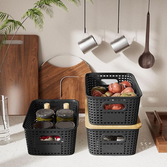 Plastic Storage Bins with Bamboo Lid - Pantry Storage Baskets with Lid - Stackable Container with Lable for Organizing: Small Storage Box for Shelves Office Cabinet Drawer Closet 9x7x4 In - Black 6Pcs