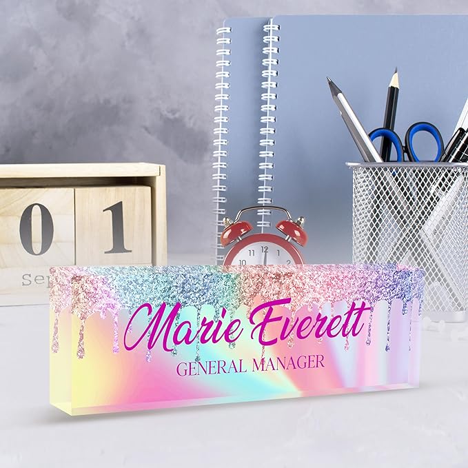 Custom Name Plate for Desk | Personalized Desk Name Plate | Personalized Boss Employee Appreciation Gifts | Acrylic Name Plate Office Desk Accessories (A-Colored Quartz)
