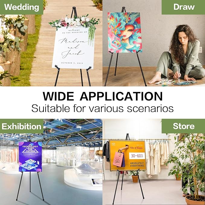 63" Display Easel Stand - 3Packs Art Easels for Wedding Sign Poster Stand Folding Floor Adjustable Metal Black Easel Instant Tripod Easel for Painting Wedding Welcome Sign Stand