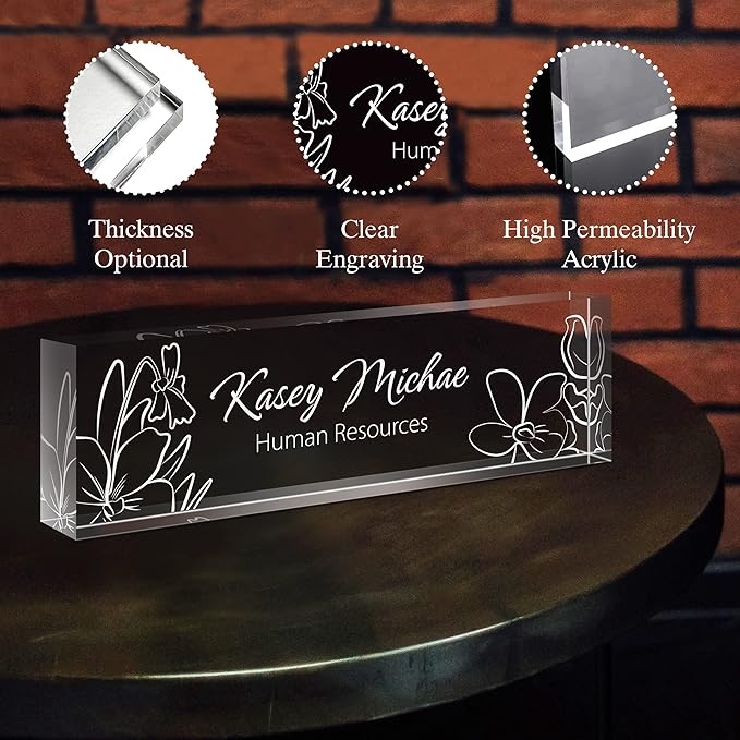 SalaGraphics Custom Engraved Acrylic Name Plates for Desks, Office Desk Plate Personalized, Decor Nameplate, Nurse Manager Employee Teacher Appreciation Gifts, Accessories (Flowers F)