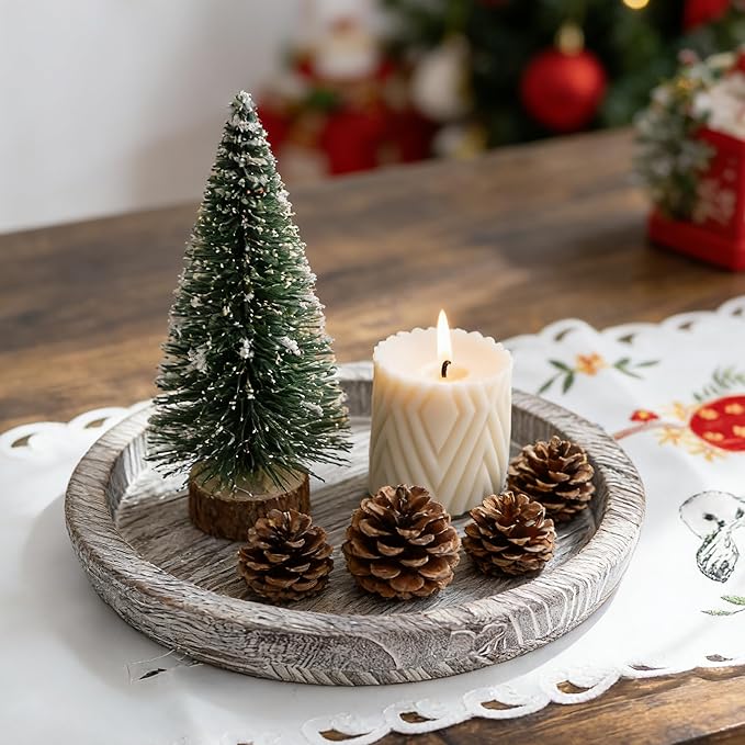 Hanobe Candle Plate Holder Tray: Round Wooden Decorative Candle Plate Small Farmhouse Table Centerpiece Rustic Whitewash Wood Tealight Pillar Trays for Christmas Wedding Halloween Home Decor