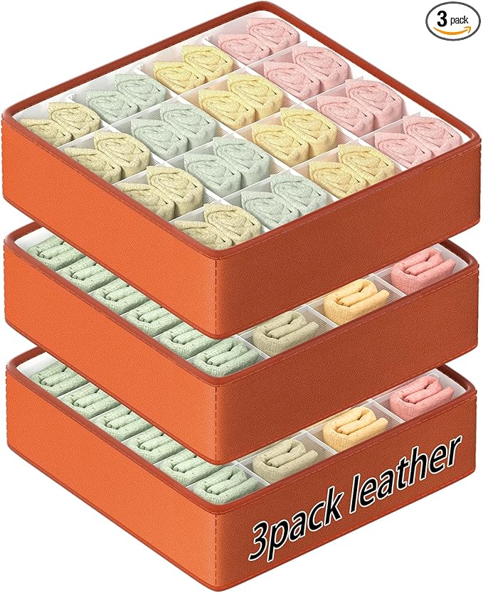 Fashion Leather Sock Underwear Drawer Organizer clothes, Closet Dividers，64 Cell (16+24+24) Foldable Leather Storage Box for Panties, Ties, Accessories（3 Pack）