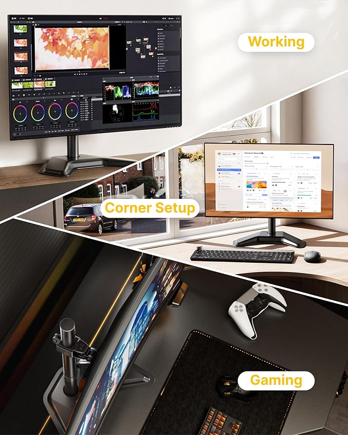 monTEK Stable Single Monitor Stand, Freestanding Monitor Arm for 17 to 32 inch & 22lbs Capacity Screen, Adjustable Height Desk Mount with Swivel and Tilt, VESA 75x75/ 100x100mm