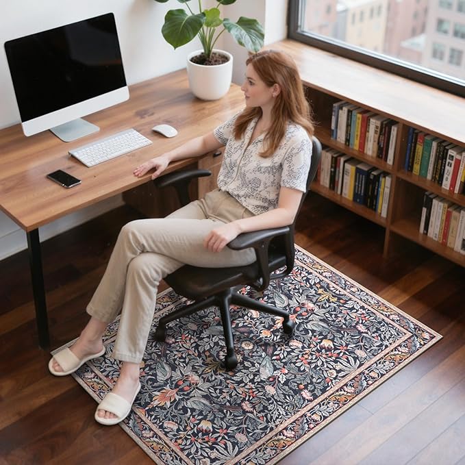 Anidaroel 36"x48" Office Chair Mat for Hardwood Floor/Tile, Anti-Slip Computer Chair Mat, Vintage Desk Floor Mats, Low Pile Floral Bird Office Rugs for Rolling Chairs, Taupe Under Desk Rug
