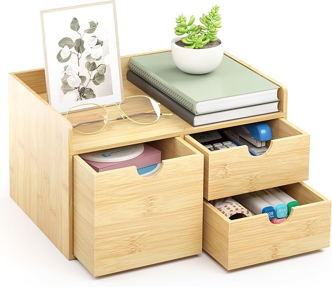 Wisuce Desk Organizer with Drawers - Bamboo Desktop Organizer Storage Natural Wood Desk Drawers Organizer for Bills, Office Supplies, Cosmetics, Seals No Assembly Required 3 Drawers（left-right)