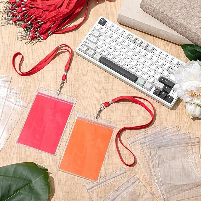 Chuangdi 100 Pcs Large 4 x 6 Inch Clear ID Badge Holder with Lanyard Waterproof Vertical Badge ID Card Holders Clear Plastic Tags Transparent PVC Pouch for Office (Red Lanyard)