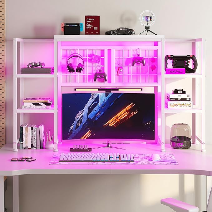 REIBII Desk Shelf with LED Light Strip,Adjustable 45.1" Desk Hutch Dorm with 5 Tier Display Shelf Rack,Desktop Bookshelf with Grid Panel & Hooks for Home, Office and Dorm, White