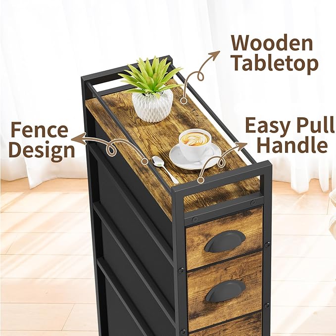 LASZOLA 4 Drawer Narrow Dresser Slim Cabinet Skinny Storage Tower Chest, Ideal for Small Spaces Bathroom Bedroom, Between Washer and Dryer, Lightweight Mobile on Wheels, Sturdy Fabric Drawers, Brown