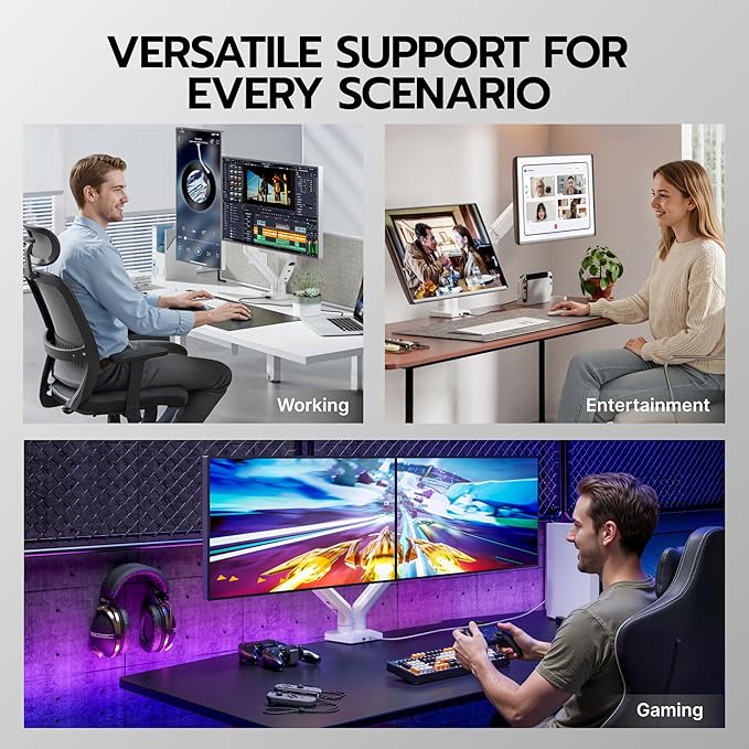 ARES WING Dual Monitor Mount, Heavy Duty Monitor Arms for 2 Monitors for 17-35 Inch, Fully Adjustable Monitor Desk Stand with USB A/C for Ultrawide Screen, VESA 75x75 or 100x100mm, White