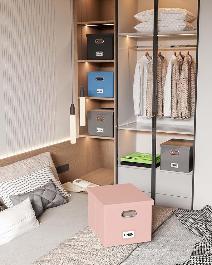 2 Pack File Storage Organizer, Portable File Box with Lid, Fit for Letter/Legal File Folder Storage, Cream-pink (Leather) Box