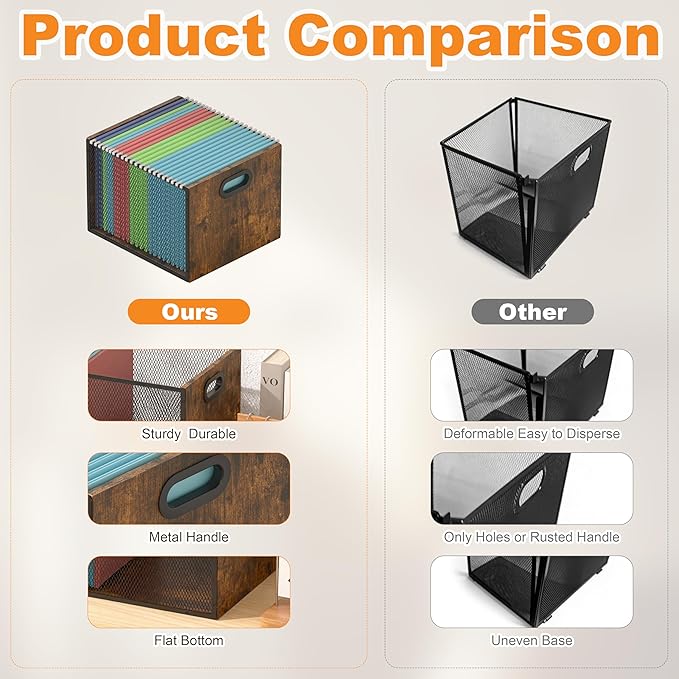 Piskyet 2Pcs Wooden Hanging File Organizer for desk, Metal Mesh File Folder Organizer Crate Cabinet Storage Box with Handle for Home Office Desk,Letter - Size,Rustic Brown