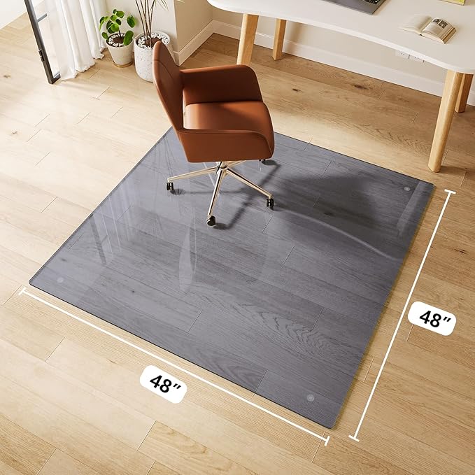 FlyEcho Glass Chair Mat 48" x 48" Heavy Duty Tempered Glass Office Chair Mat, Glass Floor Mat with Round Corner and Polished Edge for Smooth Glide, Carpet Hardwood Floor Protector, Grey