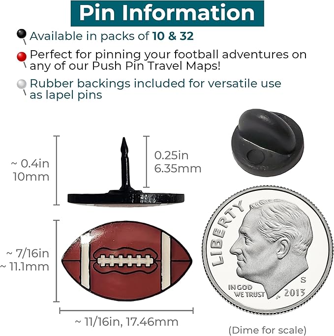 Football Push Pins, for Cork Board, Maps, or Lapel Pin Use, Designed in The USA, Football Pins, Set of 10