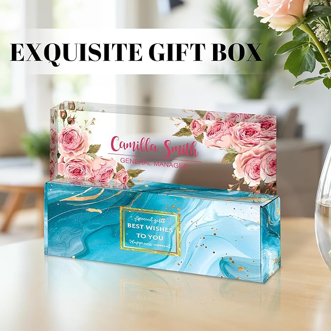 Personalized Name Plate for Desk, Custom Acrylic Desk Name Sign, Office Appreciation Gifts for Women Men Coworkers Boss Teacher Employee (Pink Rose)