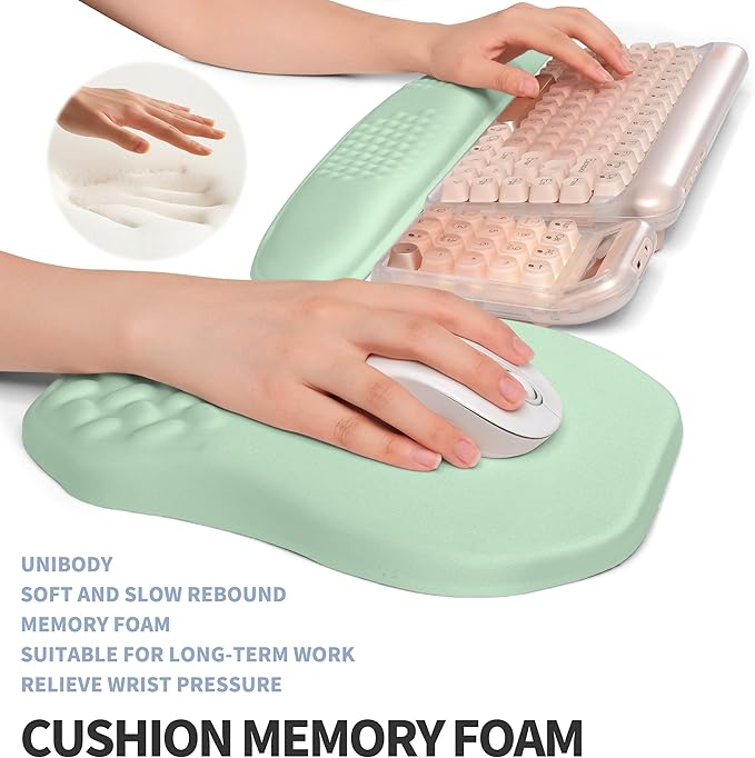 2-in-1 Ergonomic Set, Wave Keyboard Wrist Rest and Massage Slope Mouse Pad Wrist Support, Rebound Memory Foam for Relieve Carpal Tunnel Syndrome and Wrist Pain (Light Green)