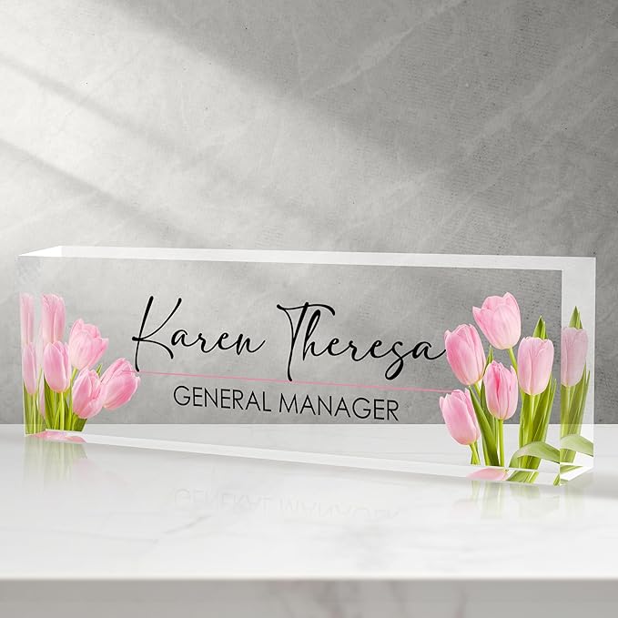 Custom Office Name Plate, Personalized Gifts for Women & Employees, Office Desk Accessory (Pink Tulip)