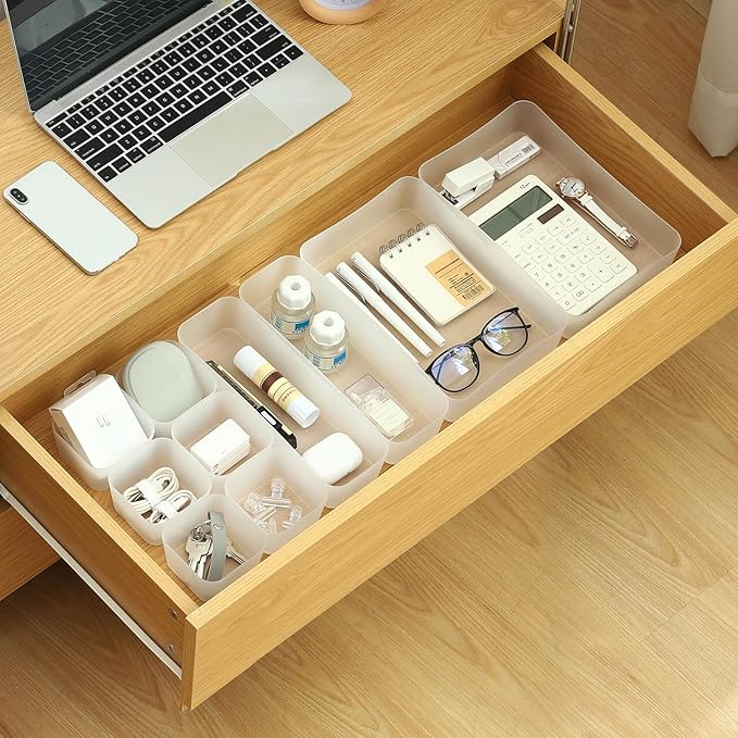 Poeland 10 Pcs Drawer Organizer Tray Storage Box for Bedroom Dresser Bathroom Kitchen, Frosted
