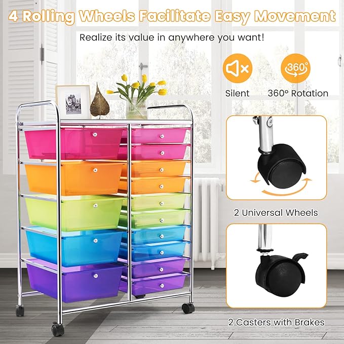 ARLIME 15-Drawer Storage Cart, 15 Drawer Trolley, Rolling Organizer Cart, Scrapbook Paper Organizer, Suitable for Office and School, Rainbow Rolling Office Storage Tools