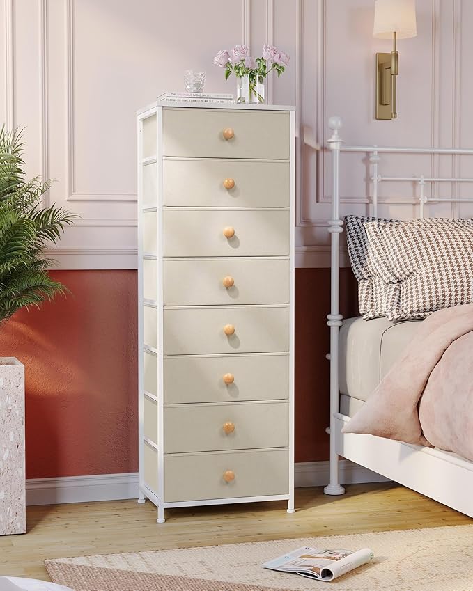 Crestlive Products Tall Dresser, 8-Drawer Fabirc Storage Tower, Chests of Drawers - Vertical Organizer Unit for Bedroom, Hallway, Entryway, Nursery, Closets - Steel Frame, Wood Top & Handles (Beige)